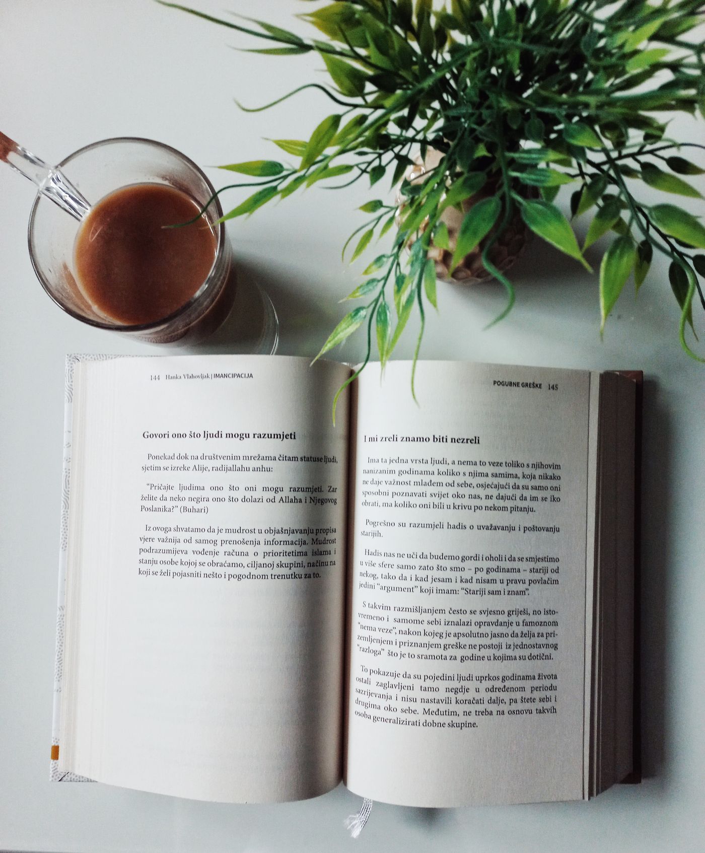 An open book, coffee and a green plant in natural light