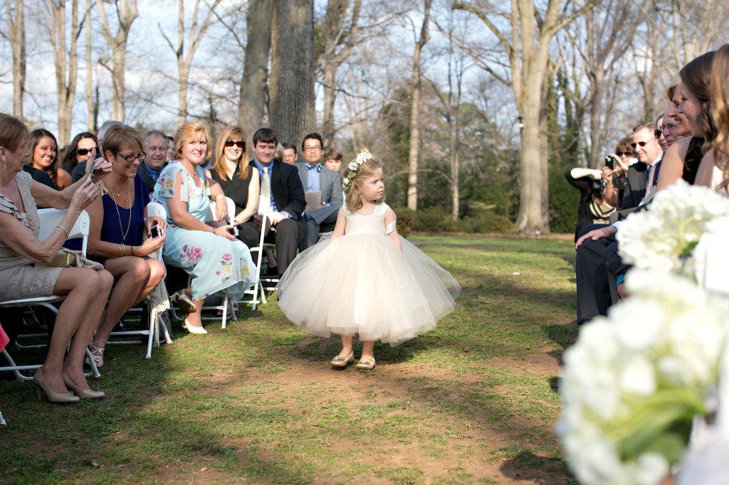 Cute little flower girl at outdoor wedding Callanwolde gardens fine art center
