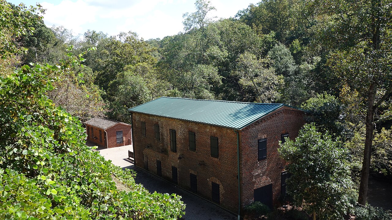Historic brick mill buildings at Roswell Mill in Roswell, Georgia