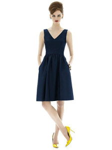 midnight blue sleeveless bridesmaid dress with pockets