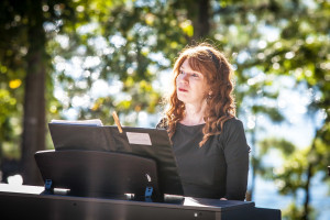 Atlanta ceremony musician Jennifer Blaske playing at outdoor wedding at Lake Lanier Islands