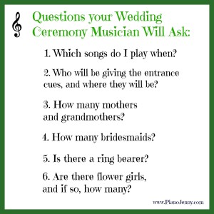 Questions for your wedding ceremony musician when they do not attend wedding rehearsal