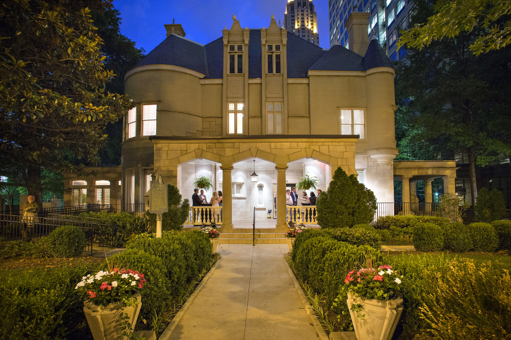 The Wimbish House illuminated after dark in Midtown Atlanta