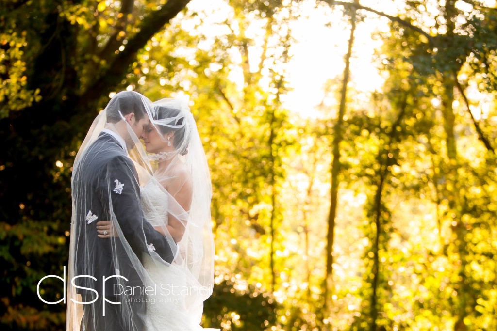 Newlyweds embracing in a sunlit woodland portrait