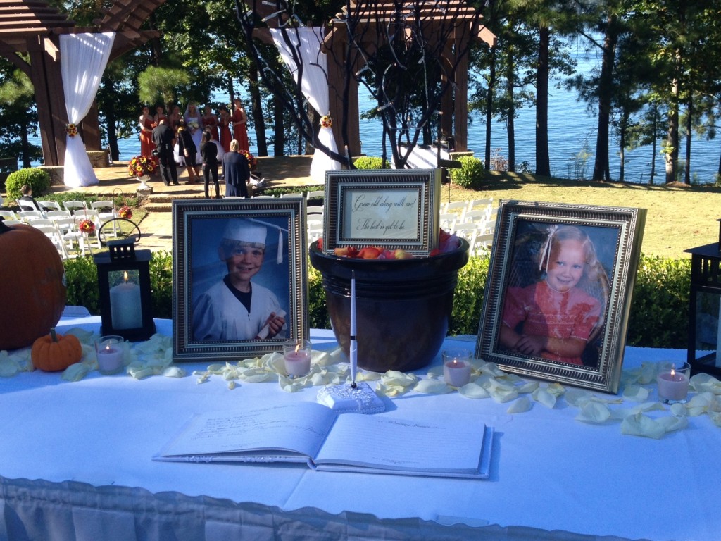 Outdoor Lake Lanier Islands Wedding with piano music -- guest book table