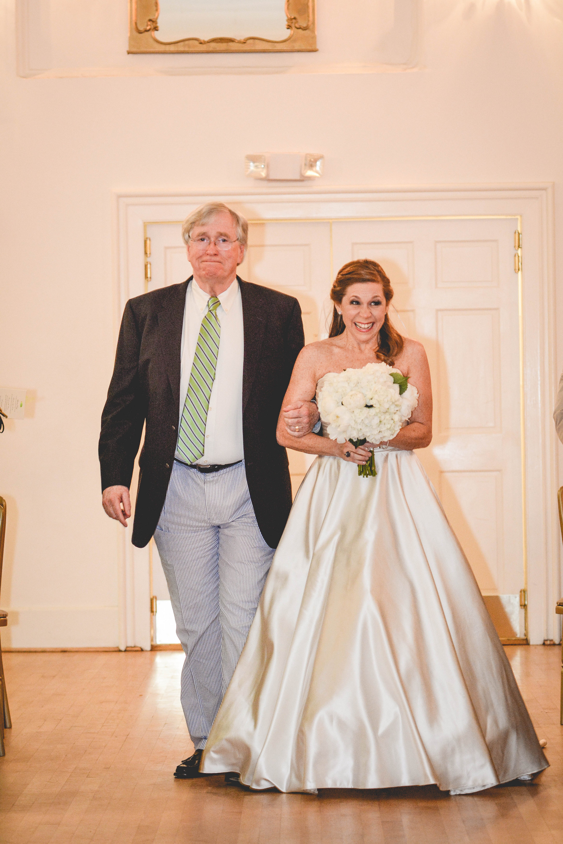 Wimbish House wedding Bride coming down aisle with father